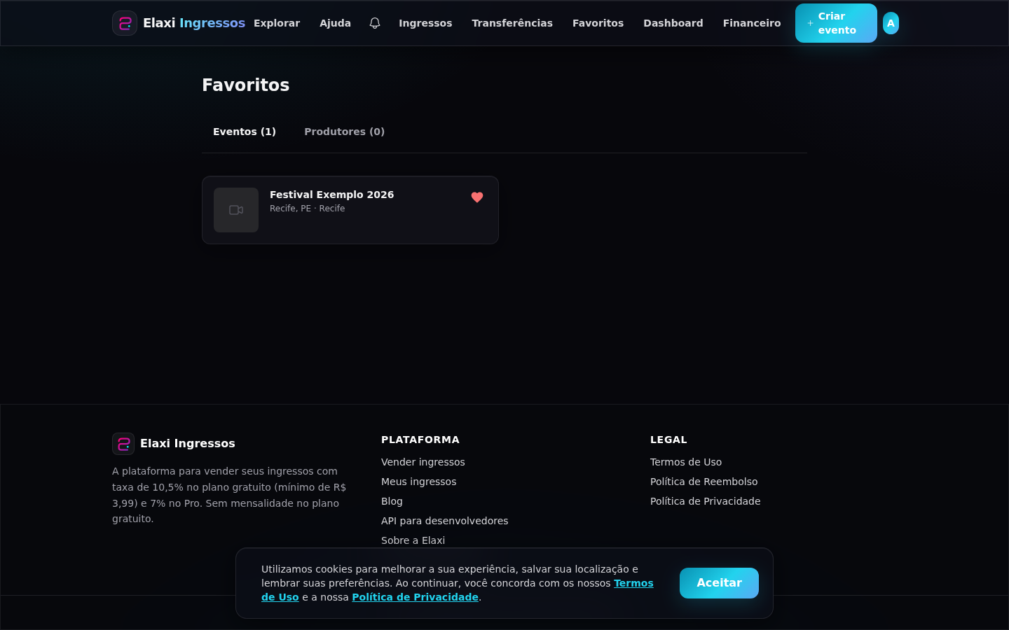 Página de favoritos com eventos salvos