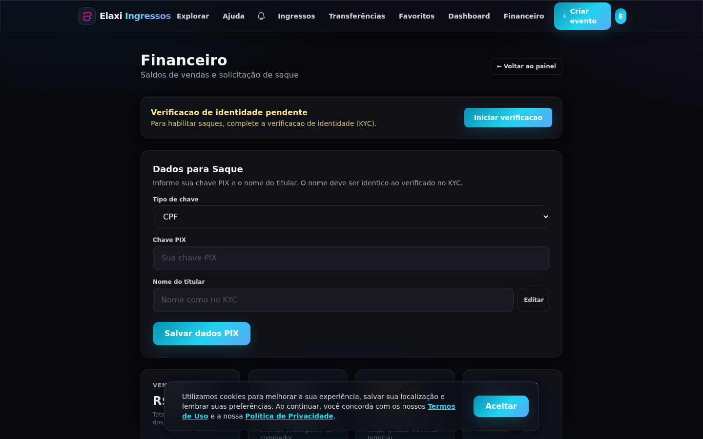 Tela de Financeiro com a faixa de verificação de identidade pendente