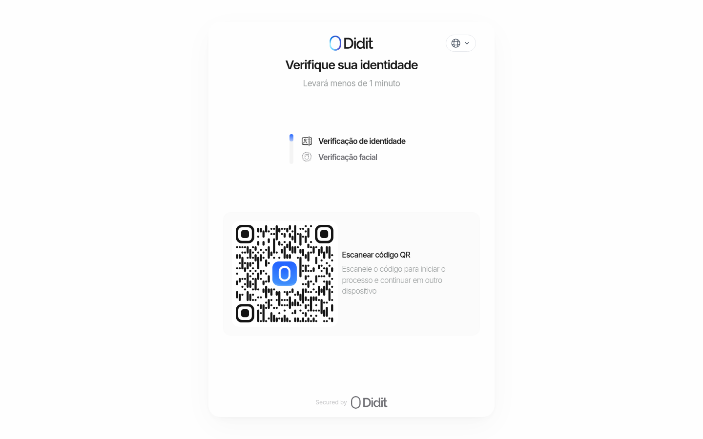 Tela inicial da verificação do Didit com documento, verificação facial e QR Code