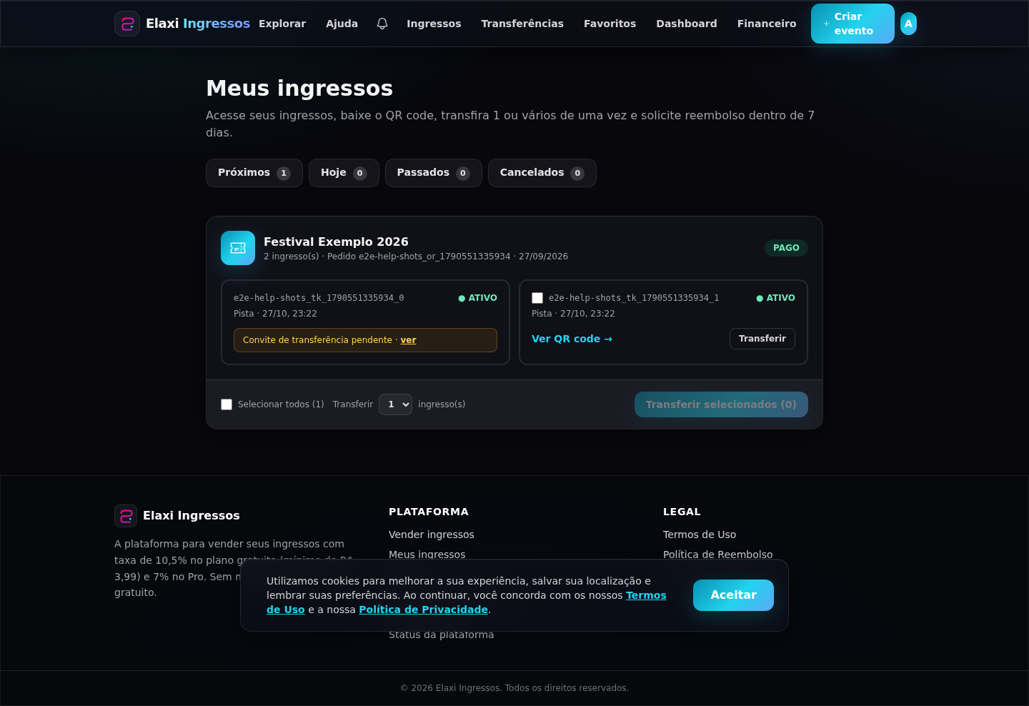 Página Meus ingressos