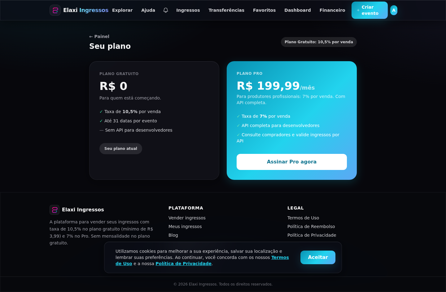 Página do plano com o comparativo Free x Pro e o botão Assinar Pro agora