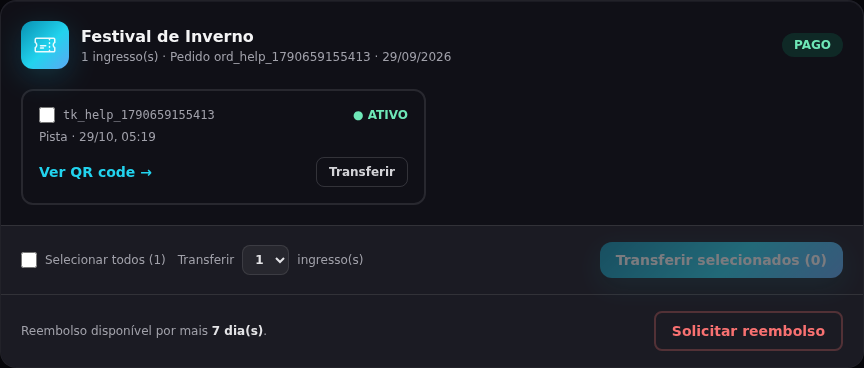 Botão Solicitar reembolso na página Meus ingressos