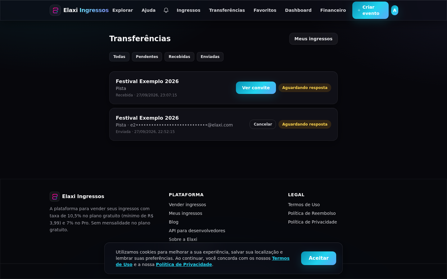 Central de Transferências com convite recebido pendente e convite enviado